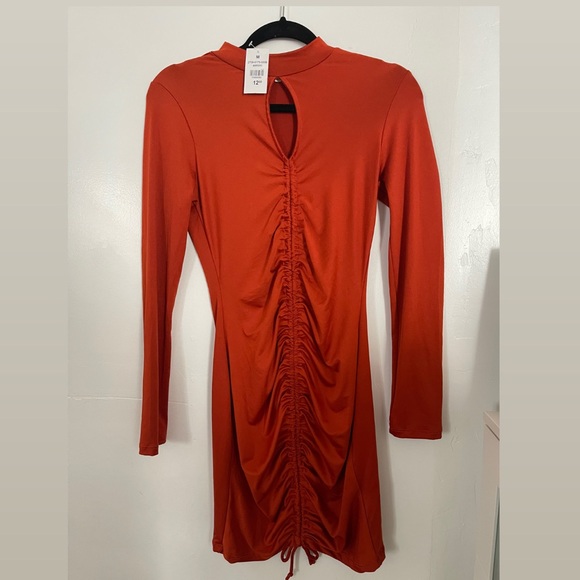 Burnt Orange, Key-hole, high neck, long sleeve, ruched, drawstring Bodycon dress - Picture 1 of 3